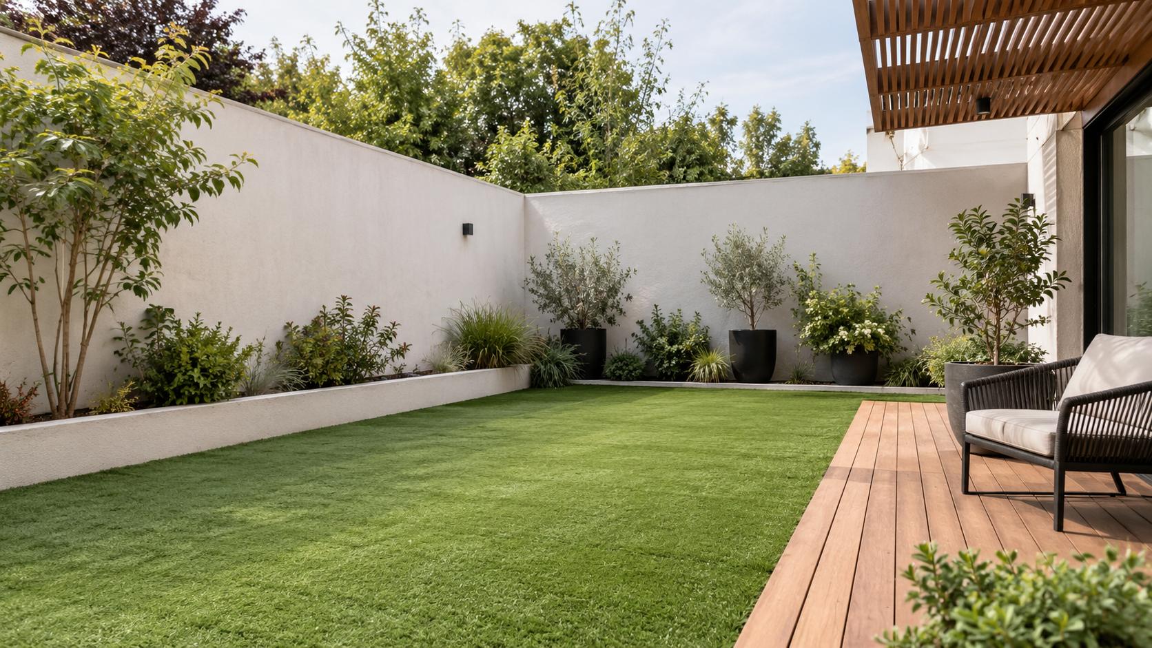 Patio con pasto sintético y terraza de madera